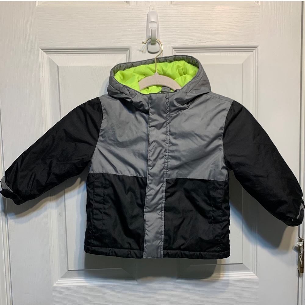 Healthtex Puffer Jacket 2T Black Grey Neon Green Hooded Winter Coat Gorpcore